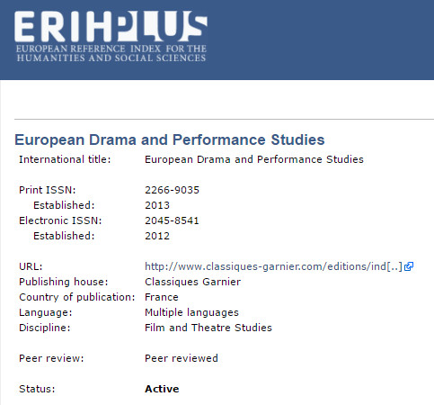 EUROPEAN DRAMA AND PERFORMANCE STUDIES (EDPS) 