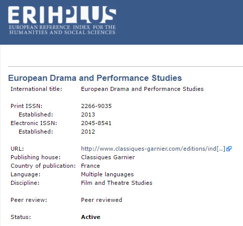 EUROPEAN DRAMA AND PERFORMANCE STUDIES (EDPS) EUROPEAN DRAMA AND PERFORMANCE STUDIES (EDPS)