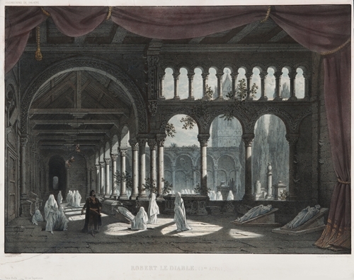 Le cloître, Robert le Diable, opéra de Scribe, G. Delavigne et Meyerbeer, 1831, lithographie en couleurs d’après le décor de l’atelier de Cicéri © BnF Bibliothèque – musée de l’Opéra de Paris