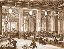 Yablochkov arc lamps illuminating Music hall on la Place du Chateau d'eau in Paris ca 1880. (c) Yablochkov arc lamps illuminating Music hall on la Place du Chateau d'eau in Paris ca 1880. (c)