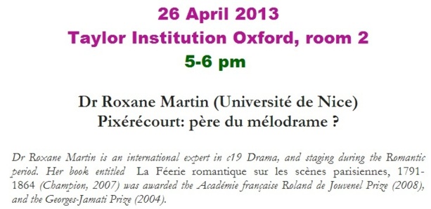 Theatre Seminar, Taylor Institution, Oxford 26 April