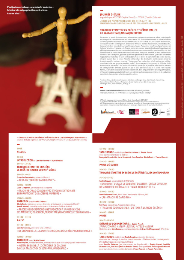 Colloque: TRADUIRE ET METTRE EN SCENE LE THEATRE ITALIEN. Colloque: TRADUIRE ET METTRE EN SCENE LE THEATRE ITALIEN.