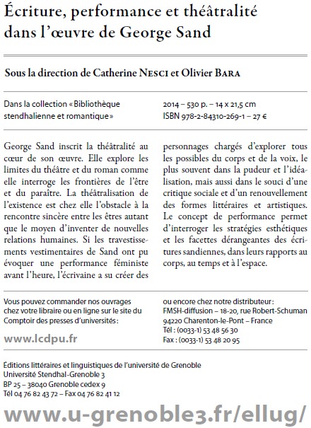 Parution : Écriture, performance et théâtralité dans l’oeuvre de George Sand, O. Bara et C. Nesci (dir.)