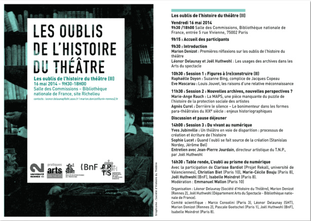 Journée d'études : "Les oublis de l'histoire du théâtre", Bibliothèque nationale de France, vendredi 16 mai prochain. Journée d'études : "Les oublis de l'histoire du théâtre", Bibliothèque nationale de France, vendredi 16 mai prochain.