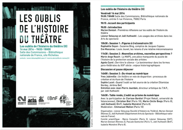 Journée d'études : "Les oublis de l'histoire du théâtre", Bibliothèque nationale de France, vendredi 16 mai prochain.