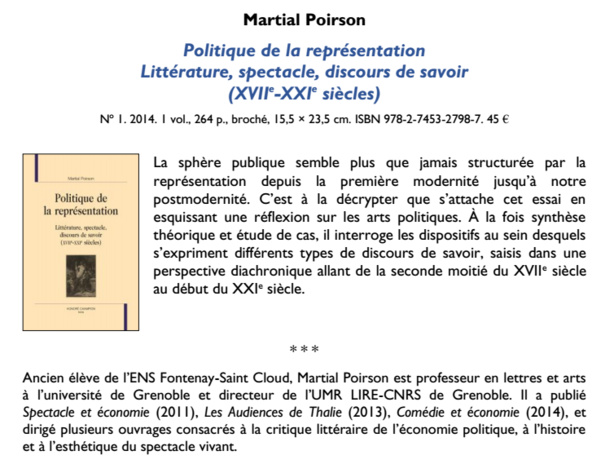 Parution: Politique de la représentation, par Martial Poirson
