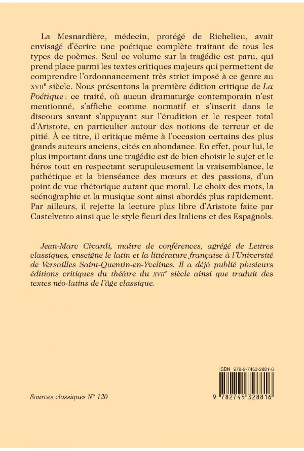 Parution: La Poétique de La Mesnardière (éd. Jean-Marc Civardi)